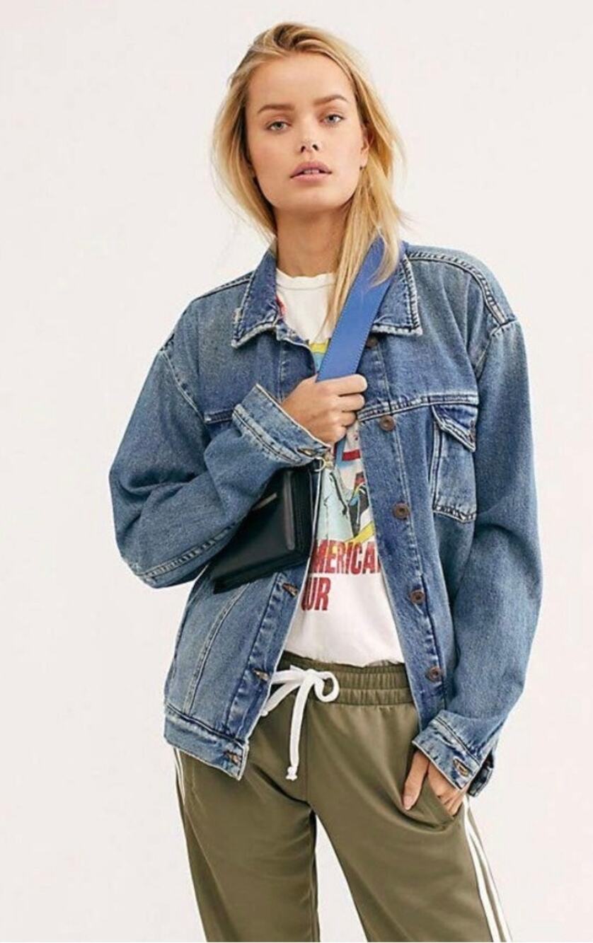Free People Ramona Blue Oversized Distressed Denim Jacket Size Medium